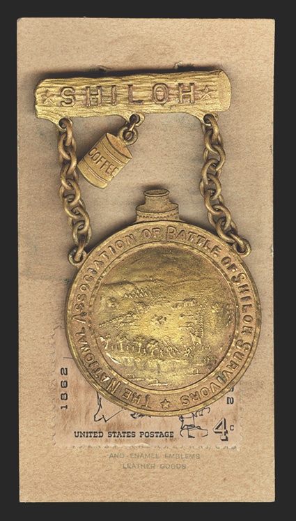 Shiloh: Survivors Badge Choice one-sided gold-colored metal canteen-shaped Badge held by two chains to a pin-back shaped like a log that bears the legend SHILOH between two
stars. Also dangling from the pin bar is a pendant shaped as a can