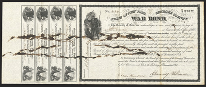 State of New York, Genesee County, $323, 7% War Bond, 1863, 494, Union soldier waves flag upper left, eagle and allegorical woman with shield on coupons, heavily pen canceled
across coupons and face, toned, light fold and edge wear, but VG