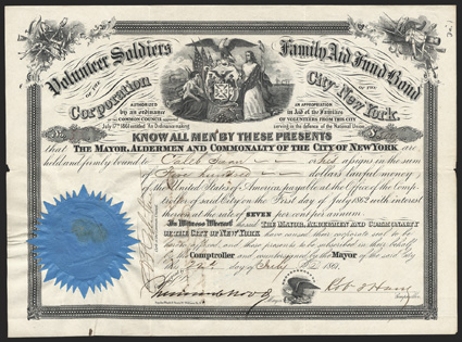 City of New York, $500 6% Volunteer Soldiers Family Aid Fund Bond, 1861, 56, signed by Fernando Wood as mayor. City seal at top, blue paper seal. Fold wear, with stain to seal,
chip out of left edge, about VF. With additional Signatu