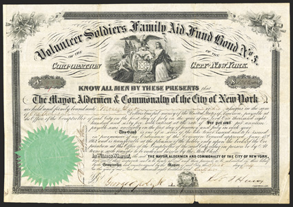 City of New York, $1000 6% Volunteer Soldiers Family Aid Fund Bond No. 3 July 3, 1862, 97, signed by George Opdyke as mayor, Liberty and allegorical female with city seal top,
seal again bottom, toned, fold and edge wear including partia