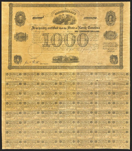 State of North Carolina, $1000 8% bond, January 1, 1863, Cr. 69V, 2419, allegorical Agriculture and Liberty top, men upper corners, state capitol bottom, beehives bottom
corners signed by Zebulon Vance as governor, dark toning, folds, som