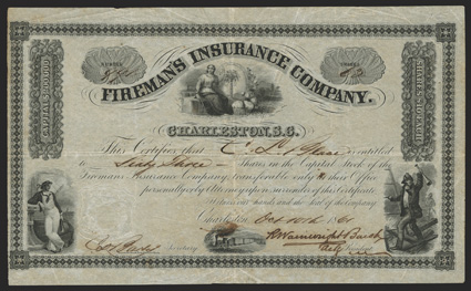Firemans Insurance (SC), $10 shares, Oct. 10, 18(61), 991, Justice with palmetto and cotton top, sailor left fireman right, train bottom, toning and light wear, VF. An
extremely rare certificate!