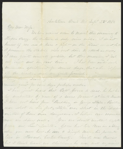 Antietam: Col Thomas Welsh Rare, fantastic content ALS in pencil by Col Thomas Welsh, commander of the 2nd Brigade under Brig Gen Orlando Willcox, 4 pages, 4to, Antietam Creek,
Md., September 23, 1862. He tells his wife that they are abou