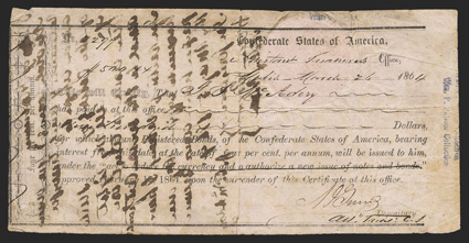AL. Mobile. $500. March 24, 1864. AL-73A. Richmond Type 1C. No. 2297. IDR Plate Form, page 99. Transfer statement on back along with Notary Public waxed stamp.VG-F, pinholes.
From The Holger Dreher Collection