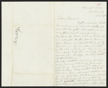 Antietam: Cavalry Officers Letter Choice ALS by Lt. Charles Richards of the 6th PA Cavalry (Rushs Lancers), 3 pages, 8vo, Camp near Frederick,  MD, October 5, [1862]. He writes
of the cavalry charge across the bridge at the battle of o