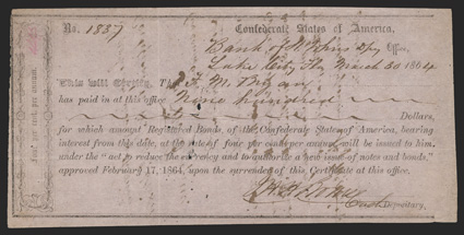FL. Lake City. $900. March 30, 1864. FL-9. Richmond Type II, Bank of St. Johns. No. 1837. Issued to F.M Bryan, and with his signature and assignment on reverse to W.J.
McAlister, who then assisgns it over to the State of Florida for payment