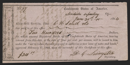 FL. Madison. $200. June 21, 1864. FL-11. Richmond Type II. No. 27. Two transfer statments are on back of this FVF example that has some paper loss around the cut cancels and
some ink burn at lower left. Pinholes also noted. From The