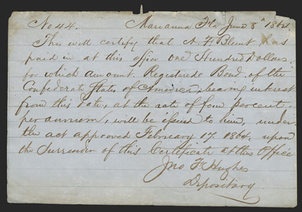 FL. Marianna. $100. June 8, 1864. FL-16. Handwritten. No. 44. Only handwritten IDRs are known from Marianna, written on two types of paper - the current example is on a
grayish-white paper with blue lines, and the other is thick blue paper