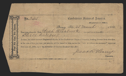 FL. Quincy. $300. March 25, 1864. FL-19. Local Typeset. No. 345. Printed on brown paper and signed by Isaac Hains as Depositary. Four assignment statements on back. Fine, cut
cancelled with faded red numbers at upper left. From The Jo
