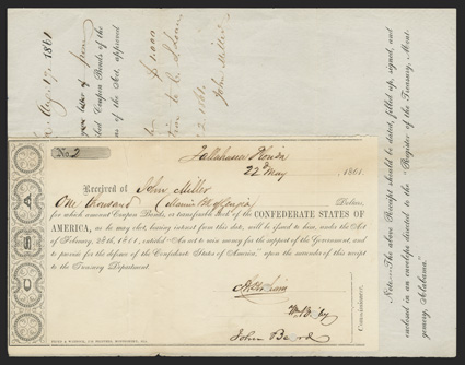 FL. Tallahassee. $1,000. May 22, 1861. FL-23. Montgomery Type I. No. 2 This IDR and bond receipt have been glued together along left edge of the IDR and the top of the receipt
page. The IDR has been punch cancelled through the signatures, a