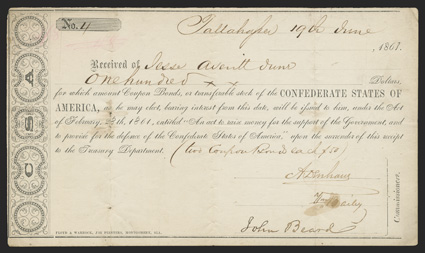 FL. Tallahassee. $100. June 19, 1861. FL-23. Montgomery Type I. No. 4. We find it interesting to note that this example (Serial No. 4) was issued 15 days after the previous lot
(Serial No 3). Fine, with some internal paper separation al