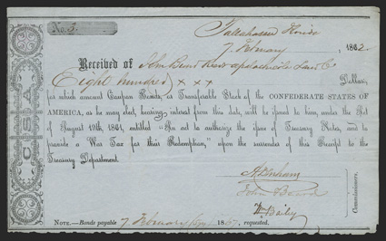 FL. Tallahassee. $800. Feb. 7, 1862. FL-25. Montgomery Type IA. No. 3. A lovely FVF example with a tear in the upper right corner that is outside of the frame line, and with a
serrated bottom edge, having the appearance of being torn f