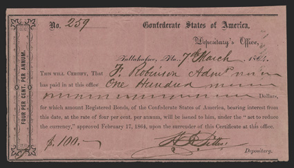 FL. Tallahassee. $100. March 7 , 1864. FL-38. No. 259. Same as previous but printed on dark pink paper. This is a mate to the Plate Note pictured on page 140, as Mr. Robinson
requested to have his obviously larger deposit broken down into s