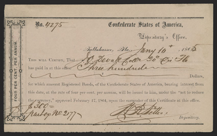 FL. Tallahassee. $300. Jan. 10, 1865. FL-39. No. 4275. As previous, but on light pink paper. According to the IDR Book, this is the last certificate issued for this type, and,
happens to be one of the finest in Joes collection. Extremely