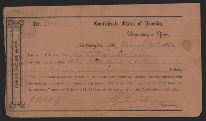 FL. Tallahassee. $1,000. March 25, 1864. FL-45. No. 2801. As previous, but printed on orange-brown paper. Two transfer statements on back. Fine, cut cancelled with some small
paper loss. Some light staining is noted in upper left corner
