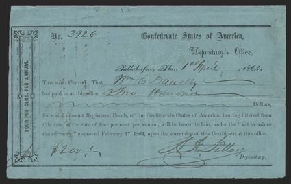 FL. Tallahassee. $200. April 1, 1864. FL-46. No. 3926. As previous, but printed on blue paper. Transfer statement on back with fully visible Notary stamp embossing at top. Fine
with a single pinhole noticed. From The Joe C. Copeland C