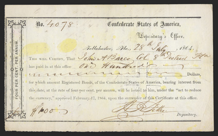 FL. Tallahassee. $100. July 28,. 1864. FL-47. No. 4078. As previous, except on white paper. FVF, cut cancelled, with lightly starched paper, possibly was lemon yellow
previously before being wet due to yellow spots on front and back. <