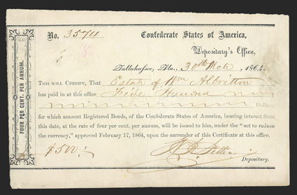 FL. Tallahassee. $500. March 30, 1864. FL-47. No. 3574. As previous, but printed on white woven paper. Fine, cut cancelled with a spindle hole at left. Faded red 8 at upper
left, as well as all ink has faded due to being wet and dri
