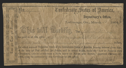 GA. LaGrange. $7,000. March 22, 1864. GA-74.  No. 119. This is a local typesett form printed on brown wood-pulp paper. VG with pinholes.