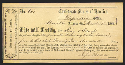 GA. Marietta. $2,200. March 18, 1864. GA-90A. Type 2A (wide left border). No. 601. Plate IDR Form, page 173. Marietta written in to the left of Atlanta as place of issuance. No
printers imprint. About Uncirculated with a single