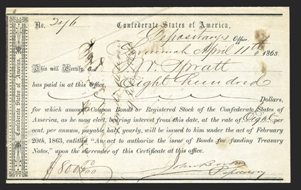 GA. Savannah. $800. April 11, 1863. GA-112. Richmond Type 1. No. 276. Approximately 250 IDRs were issued of this type. Fine, small tear with tape, ink burn. From The Holger
Dreher Collection