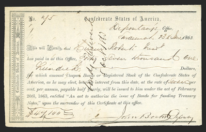 GA. Savannah. $47,100. June 13, 1863. GA-115. Richmond Type I. No. 75. Endorsement on back, along with detail about delivered bonds. VF. From The Holger Dreher
Collection