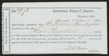 GA. Savannah. $500. April 1, 1864. GA-1389.  No. 8973. As the previous lot, this EF example falls under GA-138 serial number range, but doesnt have March printed either. From
The Holger Dreher Collection