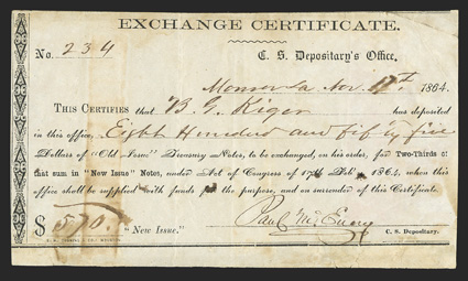 LA. Monroe. $570. November 17, 1864. LA-32. Houston Type 14, Exchange Certificate. No. 234. Paul McEmery signs as Depositary on this Fine certificate. Light stains are noted,
and some small ink burn spots the size of pinholes are also n