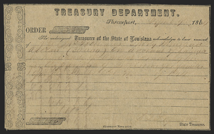 LA. Shreveport. $30,000.  April 9, 1864. A Louisiana Treasury Department document regarding $30,000 being deposited, but the ink has faded.  Imprint of Shreveport News print at
bottom. Extremely Fine.