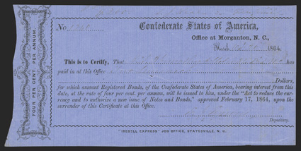 NC. Morgantown. $200. October 20, 1864. NC-92. No. 1240. Printed on blue paper with blue-ruled lines, and watermarked with JOY in lower left corner. Most certificates do not
have the watermarks visible. Assignment endorsement on back. <