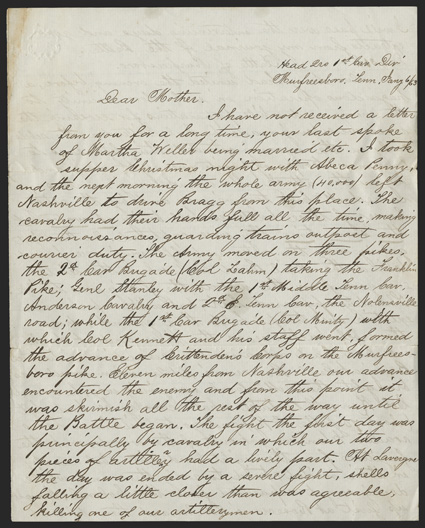 MurfreesboroStones River: Union Officers Letter Great content ALS of Lt. Milton B Chamberlain of the 4th Ohio Volunteer Cavalry, 5 pages, 4to, Murfreesboro, TN, January 6, 1863.
He writes his mother in great detail, explaining the placement of