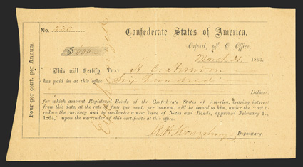 NC. Oxford. $600. March 21, 1864. NC-101. Raleigh Type 1A. No. 230. IDR Plate Form, page 262. Printed on yellow-tan paper. Exchanged written across front with endorsement by
Mr. Herndon on back. Extremely Fine, cut cancelled.