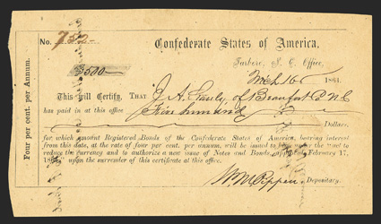 NC. Tarboro. $500. March 16, 1864. NC-159. Raleigh Type 1A. No. 752. Plate IDR Form, page 281. Faded endorser writing on back. Printed on yellow-orange paper. AU,
pinholes.