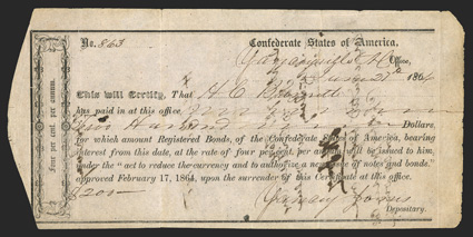 NC. Yanceyville. $200. June 27, 1864. NC-208. Richmond Type II. No. 863. Multiple endorsements on back. FVF with an edge tear at fold upper left, round right corners and
pinholes.