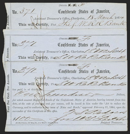 Trio of South Carolina SC-39A IDRs: [3] These are all mates to the Plate IDR on page 311, as all have serial 371. This type has the double serial letters at top crossed out and
a handwritten F added. EF, VF, VF. From The Holger Dreher