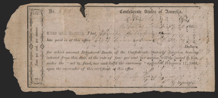 TN. Bristol. $100. March 30, 1864. TN-4. Richmond Type IB. No. 209. This appears to be slight anomaly from the records that have been reviewed in that the serial number is an
odd number, while it was believed that only even numbers were use