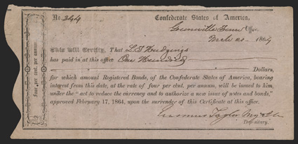 TN. Greenville. $100.  March 21, 1864. TN-16. Richmond Type II.  No. 344. Major Erasmus Taylor, Quartermaster C.S.A. signs as the Depositary.  Payment statement on back. Very
Fine, pinholes. From The Joe C. Copeland Collection