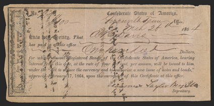 TN. Greenville. $100. March 26, 1864. TN-16. Richmond Type II. No. 707. Signed by Erasmus Taylor, Major Quartermaster CSA. Greenville is located northwest of Nashville, and
located on the Virginia and Tennessee Railroad line. One transfer s