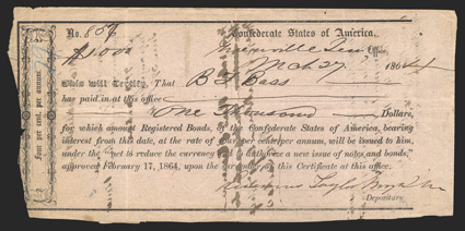 TN. Greenville. $1,000. March 27, 1864. TN-16. Richmond Type II. No. 857 Notice the serial number was corrected from 856 at upper left. VGF with a rough left side and pinholes.
A blue 79 is also noted at upper left. Tax and Transfe