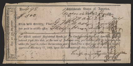 TN. Greenville. $300. March 26, 1864. TN-16. Richmond Type II. No. 498. This Very Good example has pinholes and edge tears at fold lines at top and bottom, and has an
additional sheet of paper glued to the back to handle one last tax st