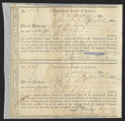 TN. Knoxville. $100$3,700. July 18, 1863. TN-27. Uncut Pair. Nos. 553-554. This pair of Richmond Type II forms have been silked, as it appears a large tear forms from the left
side between the forms and travels halfway up the form. Cut out