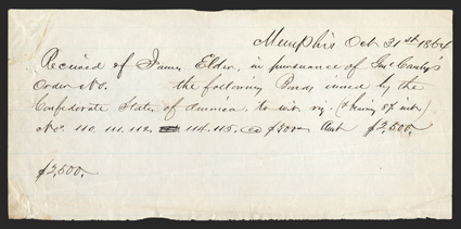 TN. Memphis. $2500 Total. Oct. 31, 1864. TN-35. This receipt actually states and details that James Elder turned in five CSA Bonds of $500 each, bearing 8% interest, and serial
numbers 110, 111, 112, 114, and 115. Also different from the ot