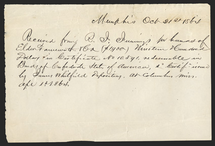 TN. Memphis. $1,900. Oct. 31, 1864. TN-35. No. 10591 This last Union receipt grades Very Good due to tears at top and bottom that have been closed with stamp hinges on back, as
the central body of the form only has three pinholes. The l