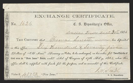 TX. Dallas. $575. Dec. 30, 1864. TX-25. Houston Type 10 Exchange Certificate. No. 1626. This is the IDR Plate Form listed on page 366, and is listed as a Rarity 15 (Unique).
Very Fine with a single pinhole noted, and voucher wri