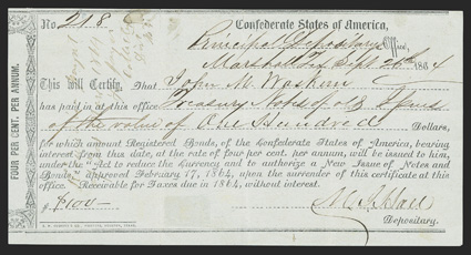 TX. Marshall. $100. Sept. 26, 1864. TX-63. Houston Type 3. No. 218. IDR Plate Form, page 376.  Fine.with internal tear, edge tears at folds, and hinge remnants on back. From
The Holger Dreher Collection