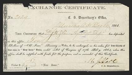 TX. Marshall. $10. Dec 31, 1864. TX-Unlisted. Houston Unlisted Type. No. 2129. This is a discovery item, as the last word of the paragraph, Certificate is capitalized. The
authors have advised that this will be a Houston Type 12A, and t