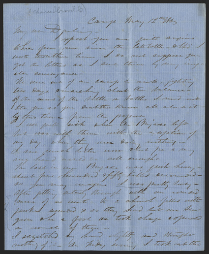 Chancellorsville: CSA Surgeons Letter Excellent content ALS by Erwin J. Eldridge of William T. Woffords Brigade, 4 pages, 4to, Camp, May 12, 1863. He writes to his wife in Flat
Pond, Georgia: Of the success of the battle...I need no