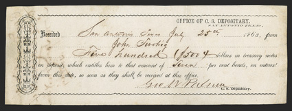 TX. San Antonio. $500. July 25, 1863. TX-80. Plate IDR Form, page 380. This is a San Antonio Local Type 1 form for 7% bonds. Listed as a Rarity 13 (3 - 5 known). VF, with faded
endorsement on back from paper being wet at one time.