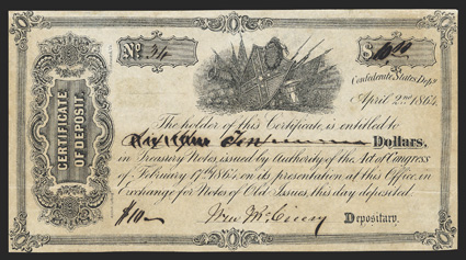 VA. [Richmond]. $10. April 2, 1864. VA-52. Fancy Engraved Certificate of Deposit. No. 34. This engraved certificate of deposit, one of three known, features Confederate shield,
laurel wreath, drum, cannon, cannon balls and flags. Lithograph