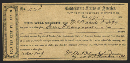 VA. Lynchburg. $5,000. April 1, 1864. VA-94. Local Typeset No. 1. No. 4211. Plate IDR Form, page 415. Printed on dark brown paper.  Multiple endorsements on back. EF,
pinholes.